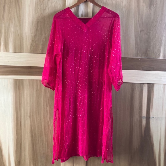 Hot Pink Fuchsia Sheer V-neck Tunic Kurti with Gold Dots - Picture 2 of 6